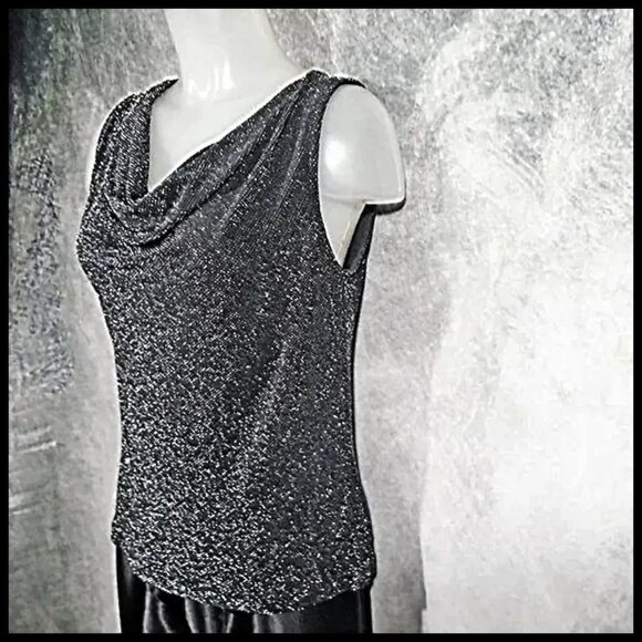 Cardigan Jacket & Cowl Neck Tank Top Black / Silver Lurex, Sparkly Knit Twin Set - Picture 2 of 12